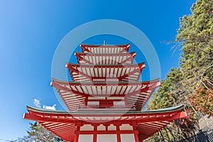 Side view of Chureito Pagoda Ã¥Â¿Â Ã©ÅÅ Ã¥Â¡â at Arakurayama Sengen park. Ã¦âÂ°Ã¥â¬â°Ã¥Â¯ÅÃ¥Â£Â«Ã¦Âµâ¦Ã©ââÃ¥â¦Â¬Ã¥Åâ Fujiyoshida, Japan photo